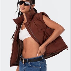 Edikted Legacy Oversized Puffer Vest Brown